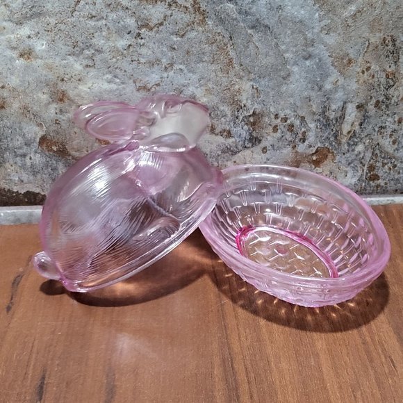 VTG Pink Purple Easter Bunny Rabbit Glass Covered Trinket Oval Candy Dish Transl - Picture 6 of 13